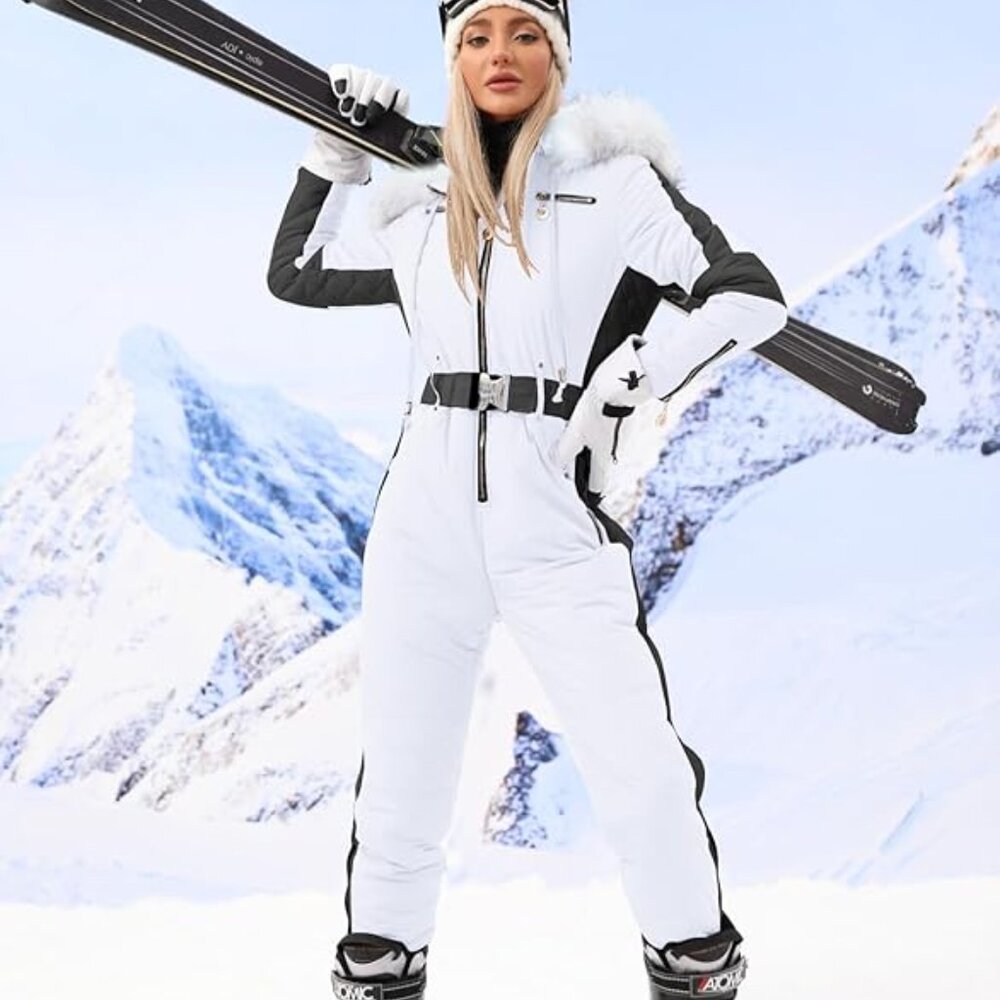 Women’s White Ski One-Piece Snowsuit with Black Accents